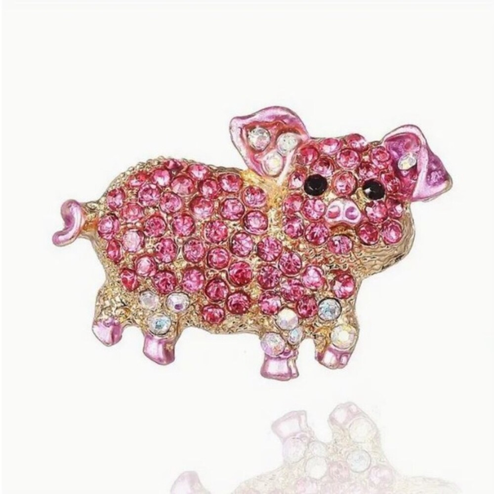 NEW Wilbur Pink Pave Crystal Petite Pig Brooch Piglet Pin 24k Gold Plated